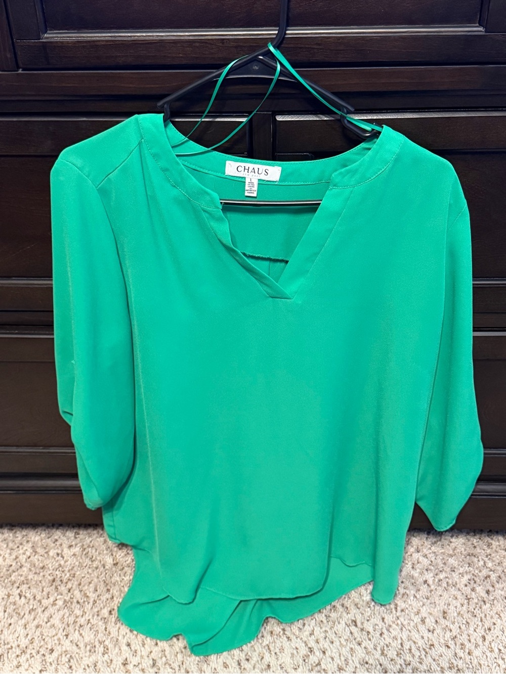 Chaus Bright Emerald Split-Neck Blouse Large 1058